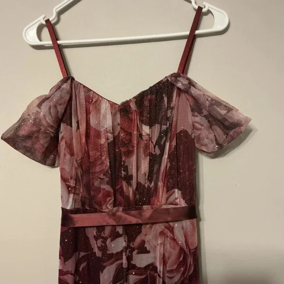 Floral Burgundy Maxi Dress - Women's Sleeveless Evening Gown - Picture 2 of 4